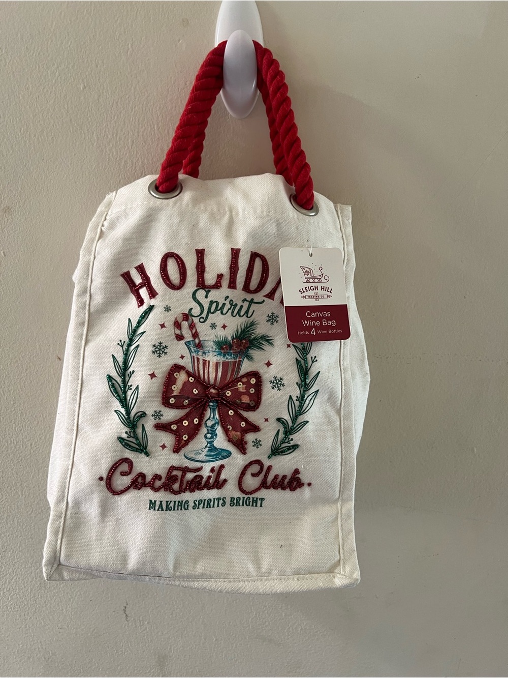 Holiday Spirit Canvas Wine Bag with Red Rope Handle